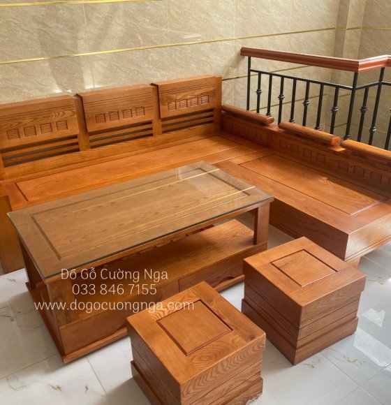 Ghế sofa góc L gỗ sồi - lau màu gõ đỏ 2mx1m8 tay trứng 