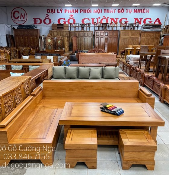 Bộ Bàn Ghế Sofa Góc Gỗ Gõ Đỏ Tay Trứng - 2m44x2m  Đóng Hộp 