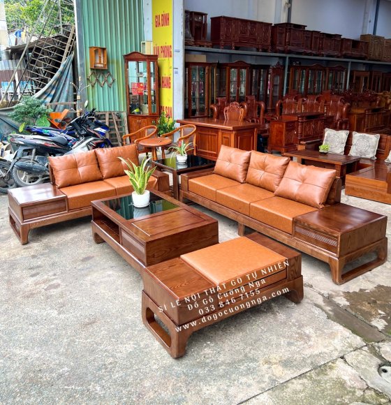 Bàn ghế sofa gỗ Sồi Nga 2 văng kèm nệm cao cấp giá rẻ