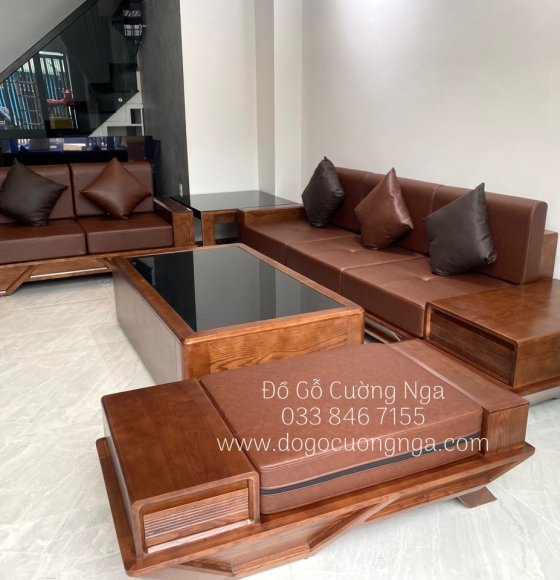 Ghế sofa gỗ sồi nga lau màu óc chó hiện đại - bàn giao khách Cần Thơ 