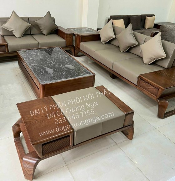 Ghế sofa gỗ sồi nga 2 văng chân xoắn cao cấp - lau màu óc chó hiện đại