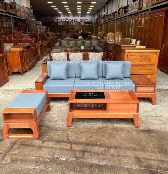 Ghế sofa gỗ xoan đào 1 văng chân choãi kèm nệm hiện đại 
