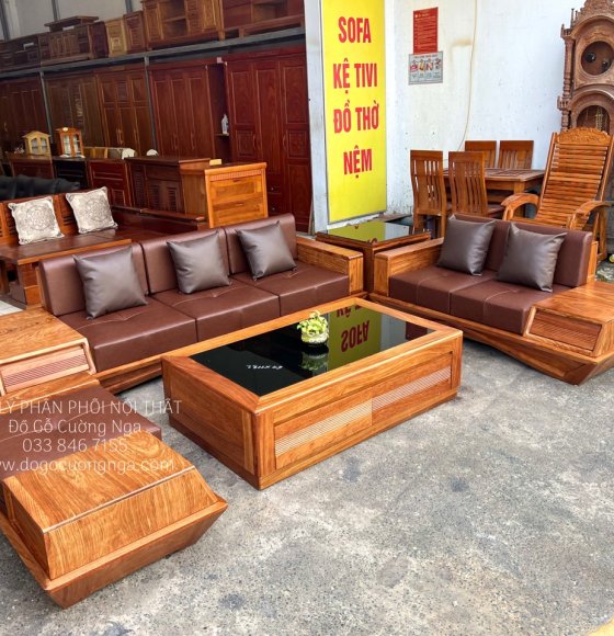 Bàn ghế sofa gỗ hương vàng 2 văng chân thuyền cao cấp 