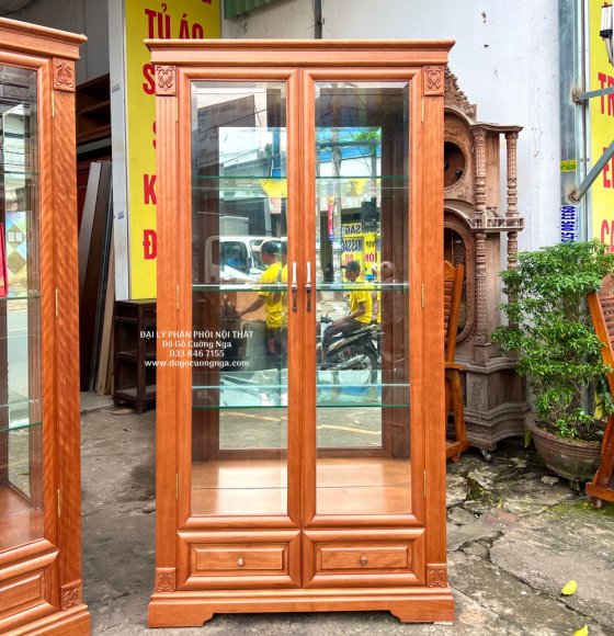 Tủ rượu phòng khách gỗ xoan đào cao cấp - vuông 1m07 bền đẹp