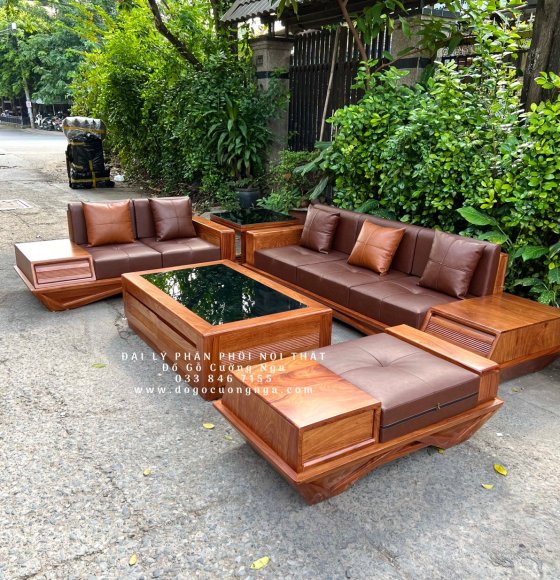 Ghế sofa gỗ Hương Vàng 2 văng kèm nệm hiện đại