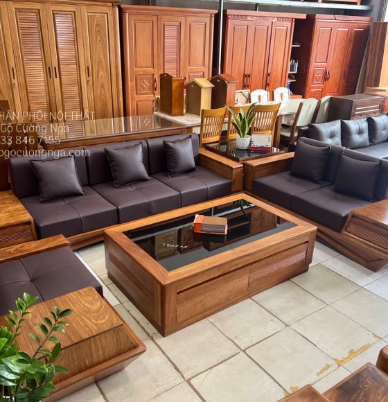 Ghế sofa 2 văng gỗ Hương Vàng cao cấp kèm nệm da - vế phải 