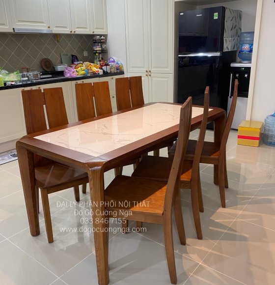 Bàn ăn 6 ghế gỗ sồi mặt đá - màu óc chó 