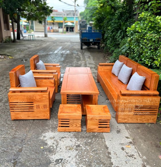 Ghế Sofa Gỗ Sồi Nga Đối Xứng 7 Món Kèm Gối 