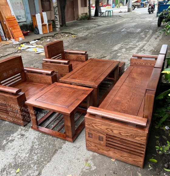 Bàn ghế phòng khách sofa gỗ sồi - lau màu óc chó 7 món 