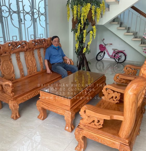 Bộ Bàn Ghế Gỗ Gõ Đỏ Tay 12 - 6 Món Trạm Đào Tay Rồng Cao Cấp 