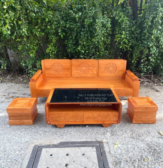 Bộ Ghế Sofa Gỗ Sồi Nga 1 Văng 2m Lau Màu Hương - Mẫu Trống Đồng
