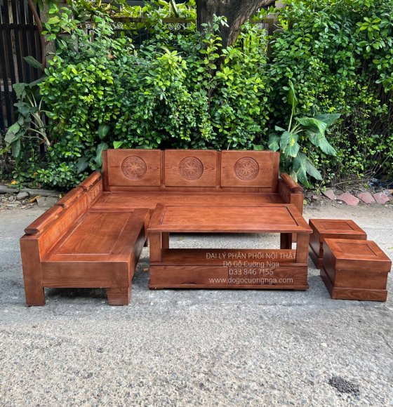 Bộ Bàn Ghế Sofa Gỗ Sồi Nga 2mx1m8 Lau Màu Óc Chó - Tựa Trống Đồng 