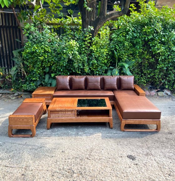 Sofa Gỗ Sồi Nga Lau Màu Hương 2m8x1m8 Kèm Nệm - Vế Phải 