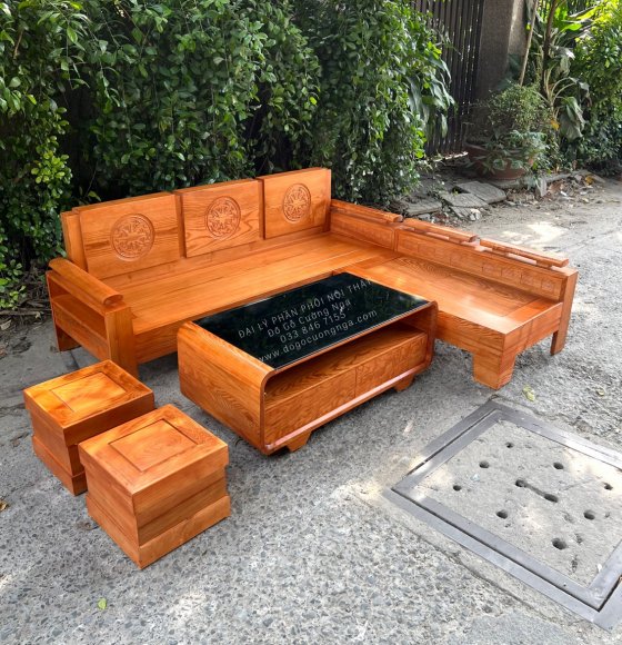 Bộ Ghế Sofa Gỗ Sồi Nga Góc L 2mx1m8 Lau Màu Hương Vàng