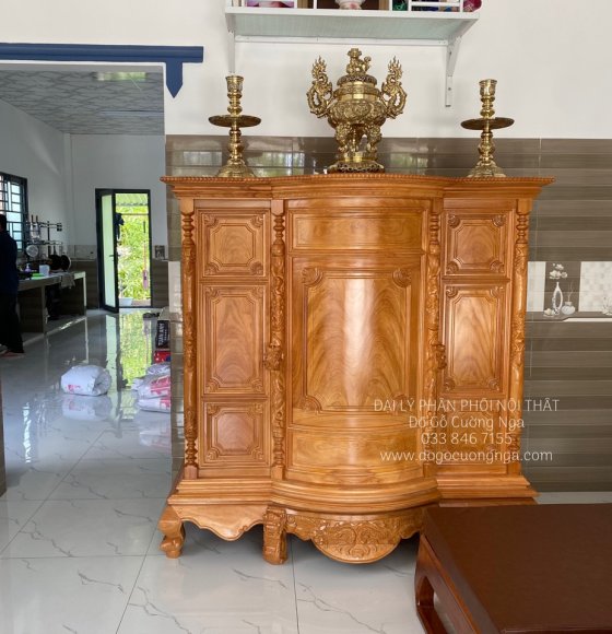 Tủ Thờ Gỗ Gõ Đỏ Cao Câp 1m54 Trơn Bụng Phệ 6 Chân