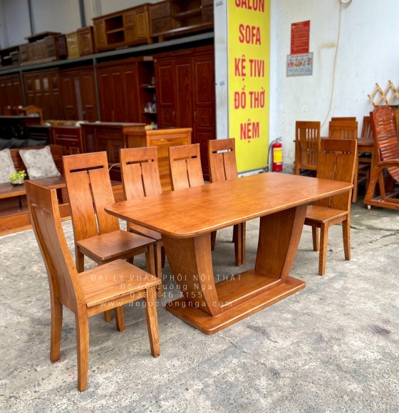 Bộ Bàn Ăn Gỗ Sồi Nga 6 Ghế Lau Màu Óc Chó Chân Thuyền Đẹp Hiện Đại 