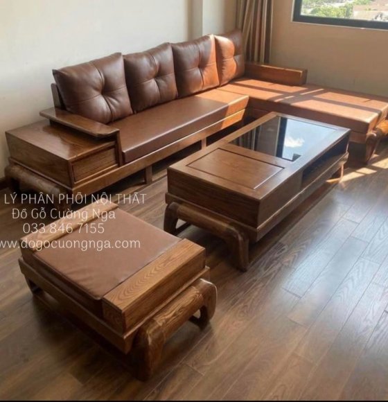 Bàn Ghế Sofa Gỗ Sồi Nga Hiện Đại Góc L 2m8x2m - Mẫu Đùi Gà Vế Phải