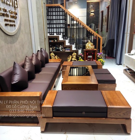 Bộ Bàn Ghế Sofa Văng Gỗ Sồi Nga Lau Màu Hương Vàng 