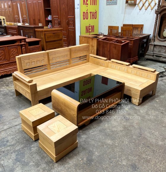 Bộ Bàn Ghế Sofa Gỗ Sồi Nga Góc L 2mx1m8 Bàn Boom Hiện Đại Giá Rẻ 