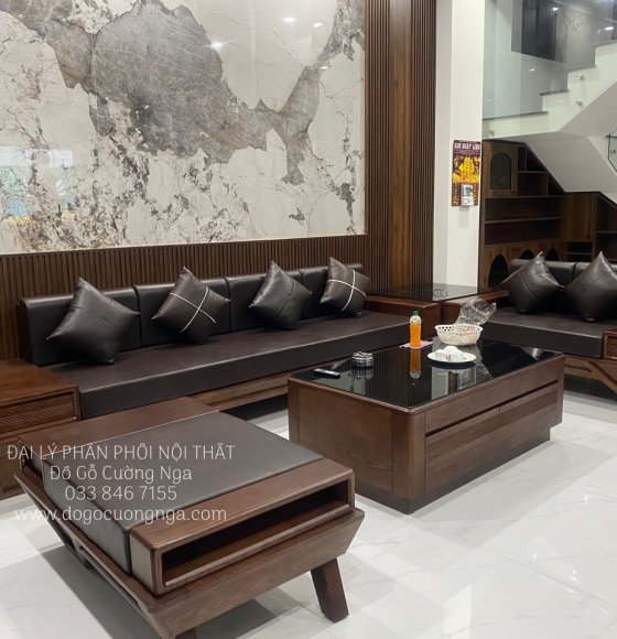 Bàn Ghế Sofa Gỗ Sồi Nga Lau Màu Óc Chó Cao Cấp - Mẫu Thuyền Đại 