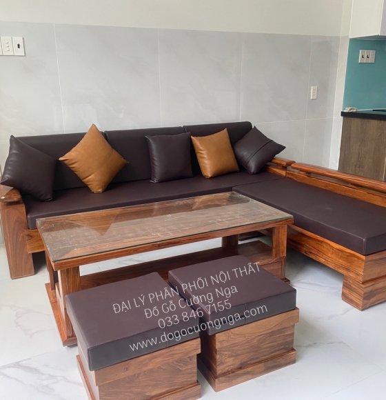 Ghế Sofa Gỗ Hương Xám Góc L Kèm Nệm Cao Cấp