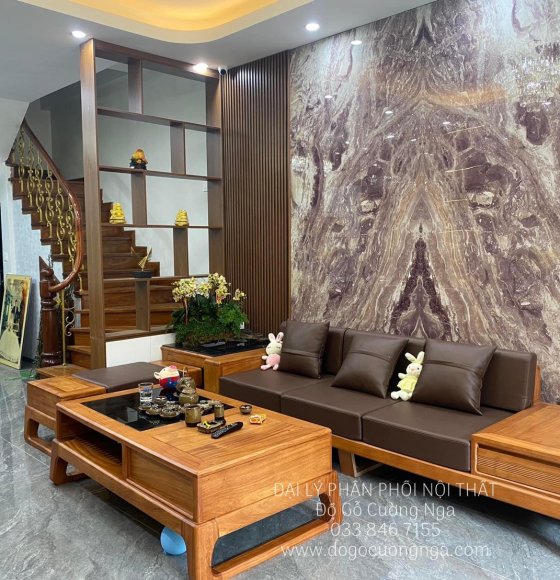 Bộ Bàn Ghế Sofa Văng Gỗ Gõ Đỏ Cao Cấp Chân Choãi Hiện Đại 
