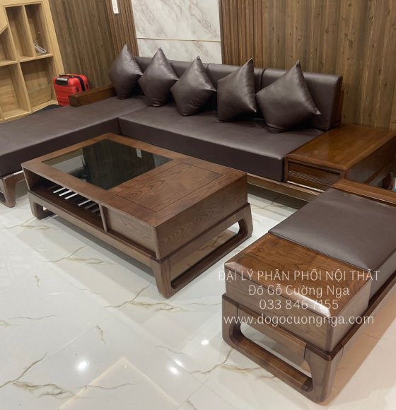 Bộ Ghế Sofa Gỗ Sồi Nga Lau Màu Óc Chó Góc L 2m8x1m8 - Vế Trái 