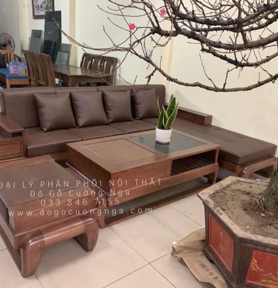 Bộ Ghế Sofa Gỗ Sồi Nga Góc L 2m8x2m - Mẫu Đùi Gà Vế Phải