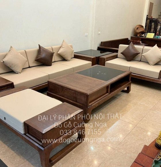 Bàn Ghế Sofa Gỗ Sồi Nga 2 Văng Cao Cấp - Màu Óc Chó Vế Phải 