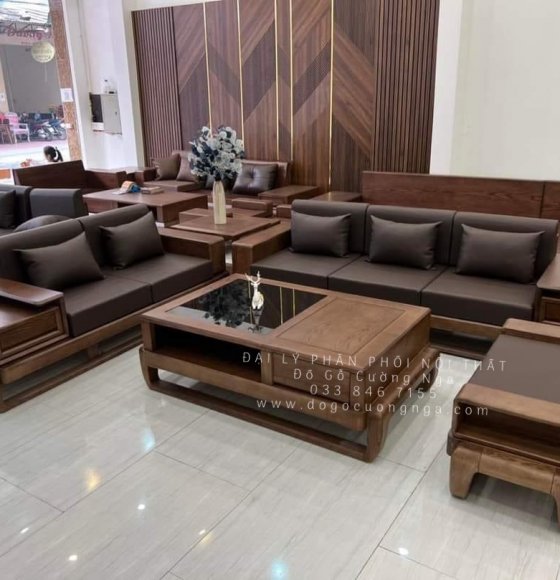 Ghế Sofa Gỗ Sồi Nga Hai Văng Đùi Gà Lau Màu Óc Chó Cao Cấp - Vế Phải 