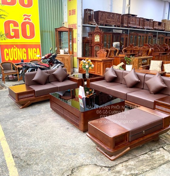 Sofa Gỗ Sồi Nga 2 Văng Chân Thuyền Cao Cấp - Mẫu Mới 