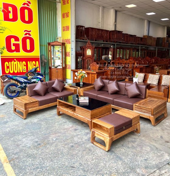 Bộ bàn ghế sofa 2 văng gỗ hương xám chân quỳ kèm nệm hiện đại 