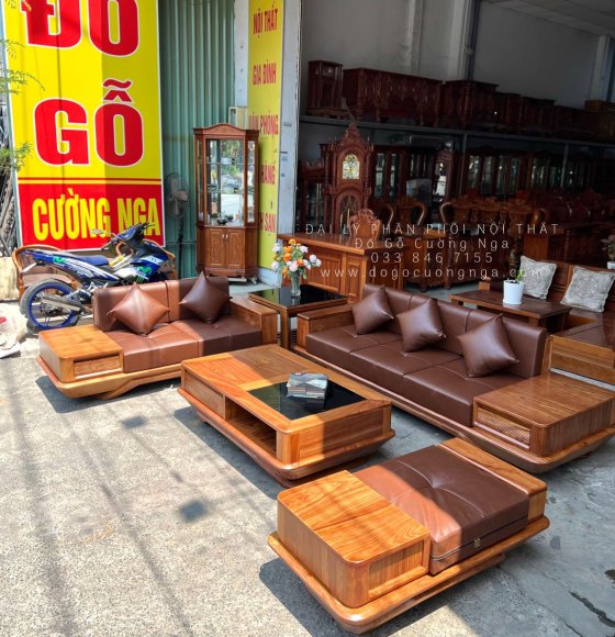 Bàn Ghế Sofa Gỗ Hương Vàng 2 Văng Mẫu Thuyền Kèm Nệm Hiện Đại