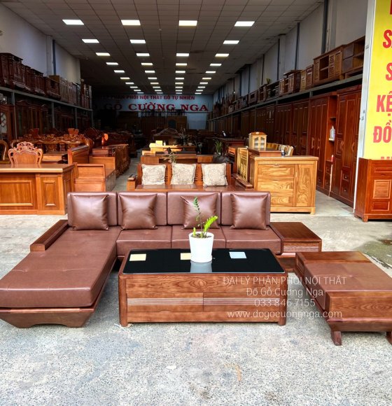 Sofa Gỗ Sồi Nga Lau Màu Óc Chó Góc L Chân Thuyền Cao Cấp 