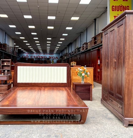 Giường Ngủ Kiểu Nhật Chân Quỳ  Gỗ Cẩm Màu Óc Chó Bọc Nệm Hiện Đại