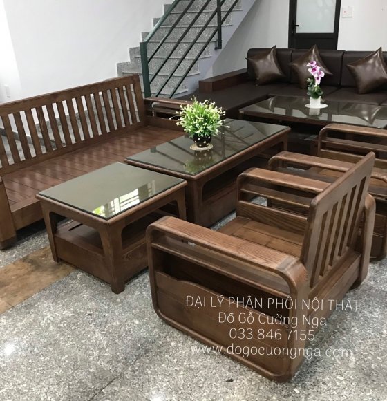 Sofa Gỗ Sồi Nga Đối Xứng Màu Óc Chó 5 Món Đẹp Hiện Đại 