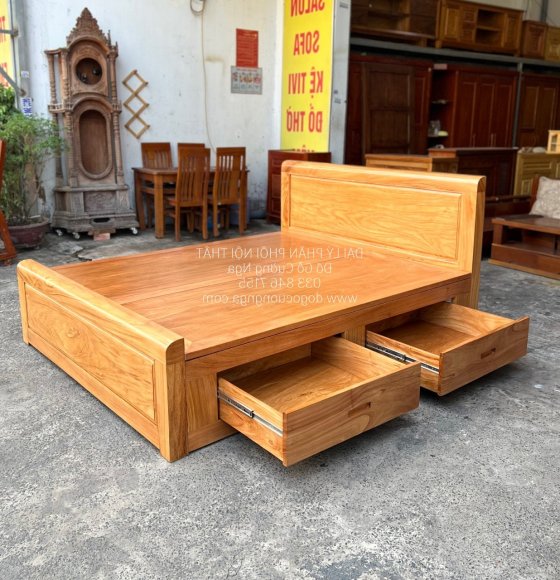 Giường Ngủ Ngăn Kéo Gỗ Gõ Đỏ Đầu Phẳng Hiện Đại
