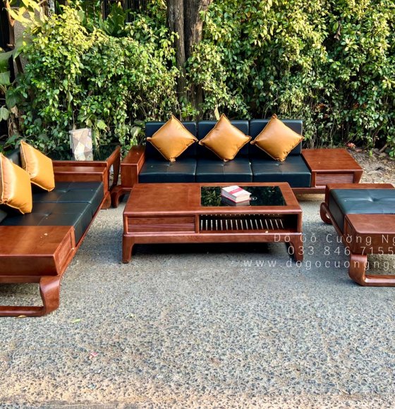 Sofa Gỗ Sồi Nga Chân Xoắn Lau Màu Óc Chó Kèm Nệm