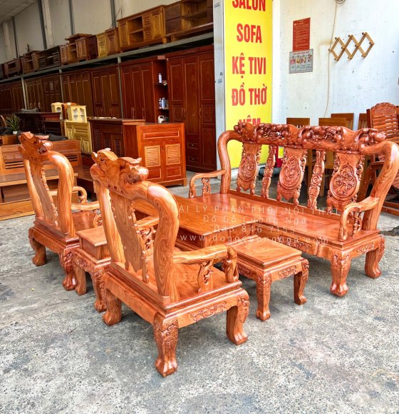 Bộ Salon Gỗ Hương Đá Tay 10 Trạm Đào Mặt Liền 