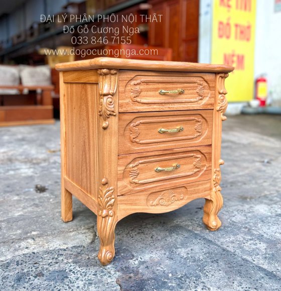 Tủ Đầu Giường Gỗ Gõ Đỏ 3 Ngăn Kéo  - Ray Bi