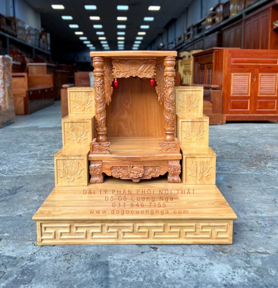 Bộ Bàn Thờ Ông Địa Thần Tài Gỗ Gõ Đỏ Kèm Bệ Tam Cấp 