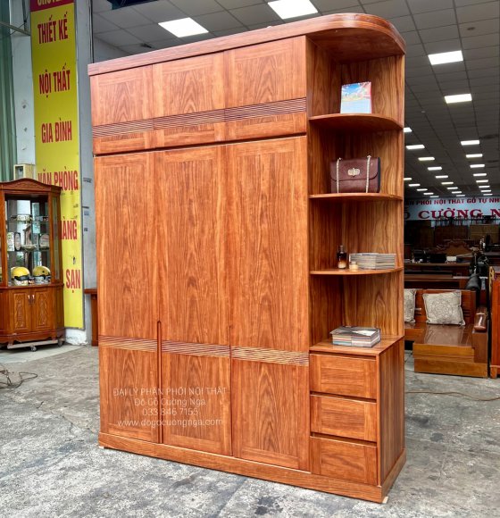 Tủ Quần Áo Gỗ Cẩm Vân 3 Cánh Góc Trang Trí - 2 Tầng