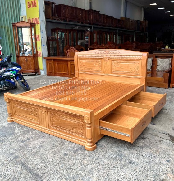 Giường Gỗ Gõ Đỏ Cao Cấp 2 Ngăn Kéo Đẹp Chất Lượng 