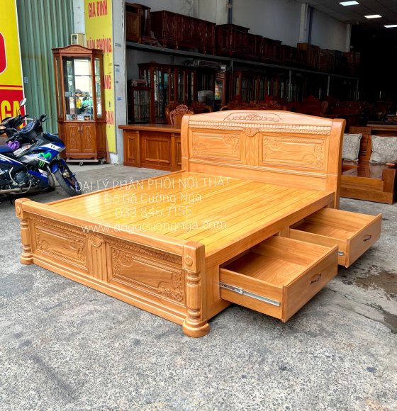 Giường Ngủ Ngăn Kéo Gỗ Đỏ Phản Thưa Trạm Cong 