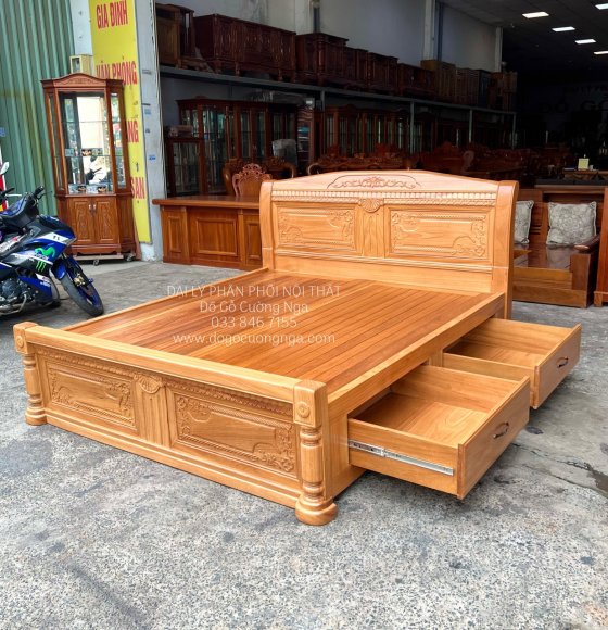 Giường Ngủ Có Ngăn Kéo Gỗ Gõ Đỏ Cao Cấp Phản Gõ Thưa 
