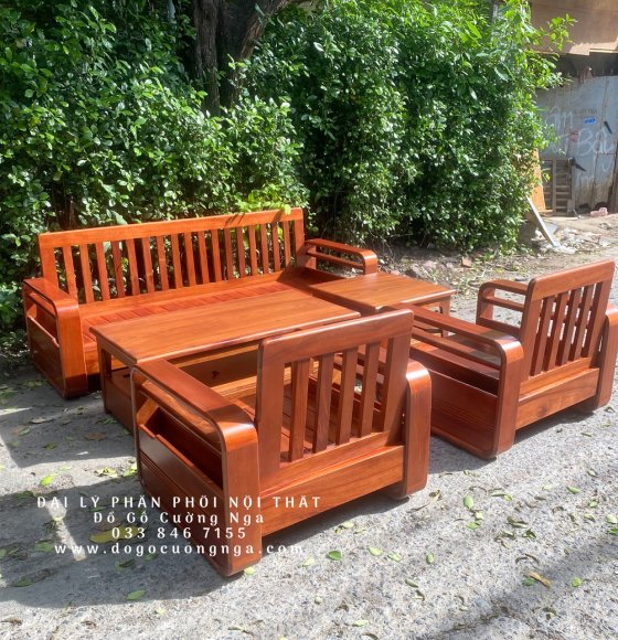 Bộ Ghế Sofa Gỗ Xoan Đào Đối Xứng Hiện Đại 5 Món