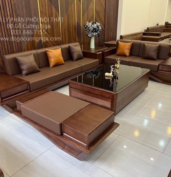 Sofa Gỗ Sồi Nga 2 Văng Chữ U Hiện Đại Lau Màu Óc Chó