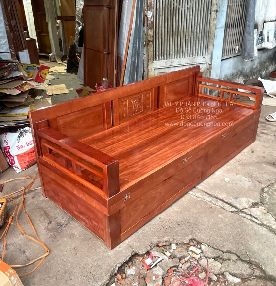Giường Ghế Gấp Gỗ Xoan Đào 2 Ngăn Kéo 1m4x1m9 - Bản Lề Âm 