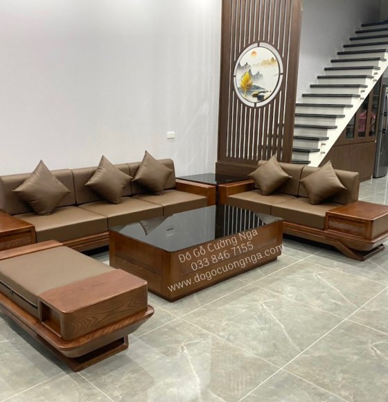 Sofa Gỗ Sồi Nga Lau Màu Óc Chó Sơn Inchem Cao Cấp Chữ U 