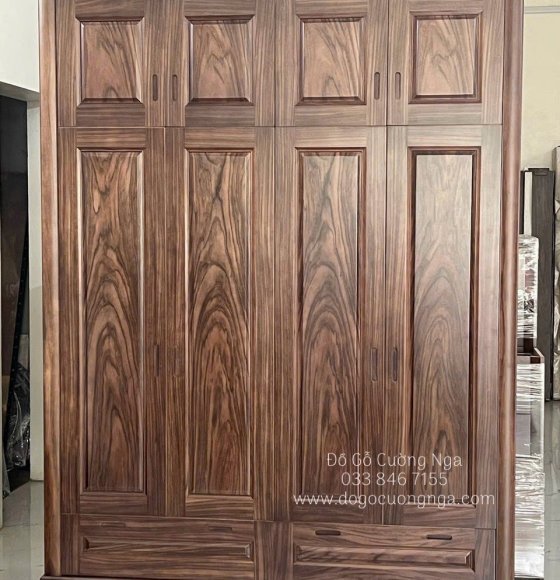 Tủ Quần Áo Gỗ Óc Chó 4 Cánh Cao 2 Tầng